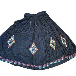 VTG Maxi Full Circle Skirt Thin Cotton Ethnic Pullon Elastic Waist Sz‎ S/M Black